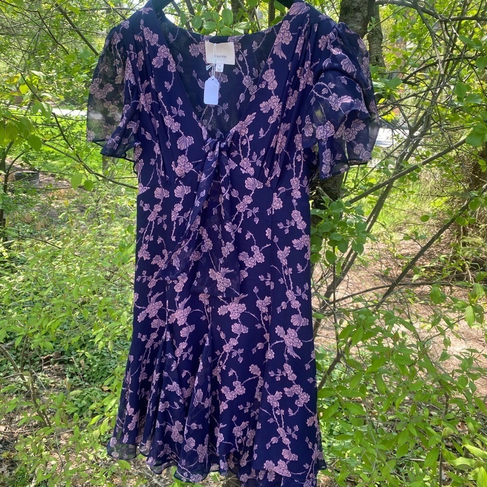 Cinq A SEPT Navy Silk Floral Mini Dress Swingy Handkerchief Flare Hem - Picture 6 of 7